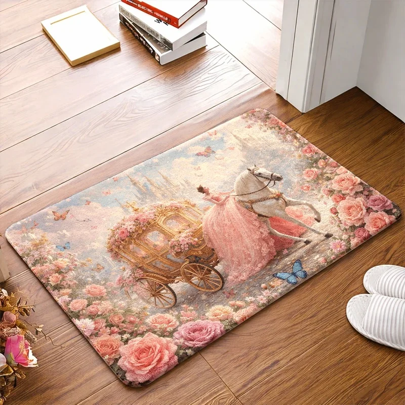 Princess-Themed Carpet Suitable for Room Floor Mat - Soft Flannel Oval with Carriage, White Floor Mat for Door Entryway, Durable Floor for ', 2D Flat