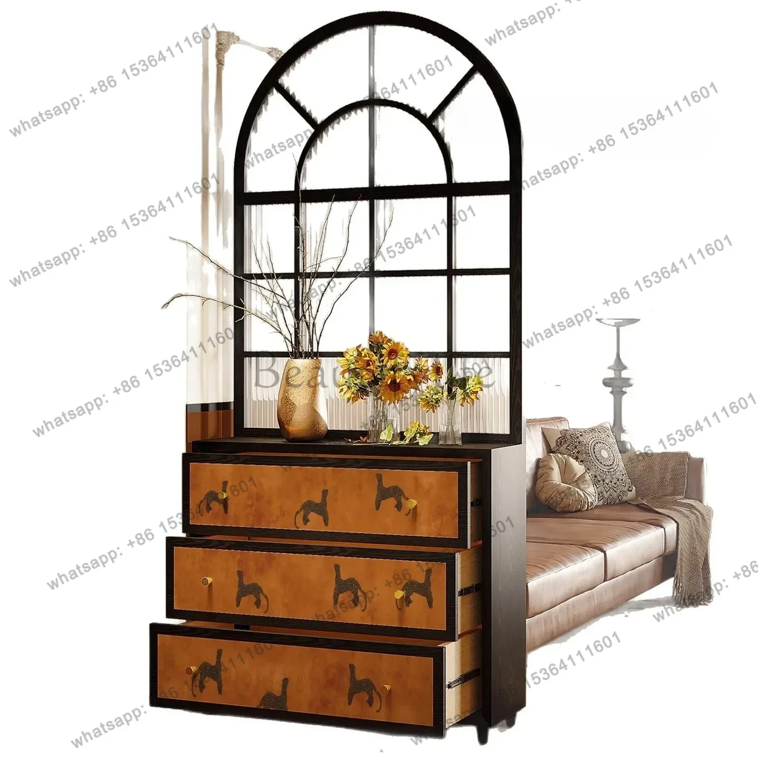 LD French retro abstract entrance cabinet Solid wood entry door Screen glass partition Living room locker