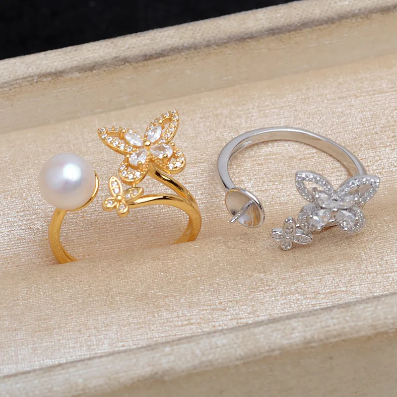 Butterfly Shape 925 Sterling Silver Adjustable Finger Ring Mountings Base Setting Findings Jewelry Components for 8-10mm Pearls