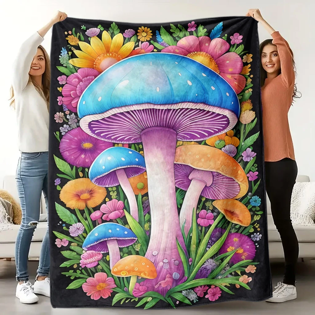 Black Base Colorful Cartoon Mushroom Wildflower Flannel Throw Blanket, Soft Warm Sofa Cover, Cottage Gift Bedroom Daily Rest Use