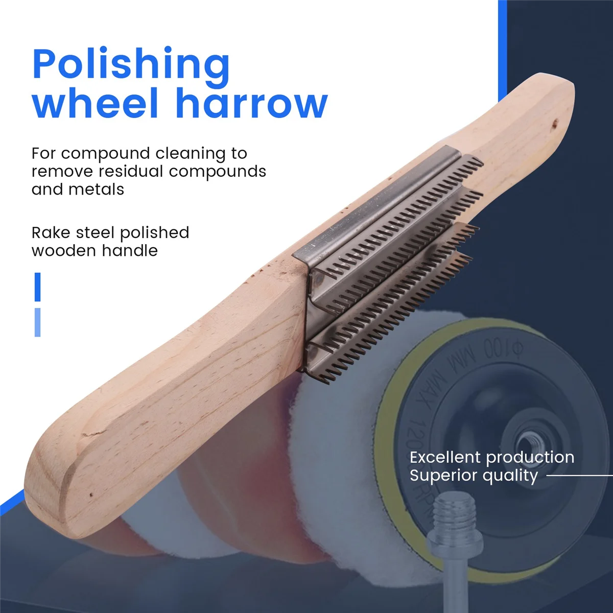 15Inch Buffing Wheel Rake for Compound Cleaning,Removing Residual Compounds and Metal,Rake Steel Polishing Wooden Handle