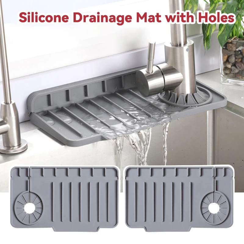 New Silicone Faucet Drain Pad Side Hole Sink Drain Mat Slope Drainage Dishwashing Sink Water Barrier Pad Square Shape