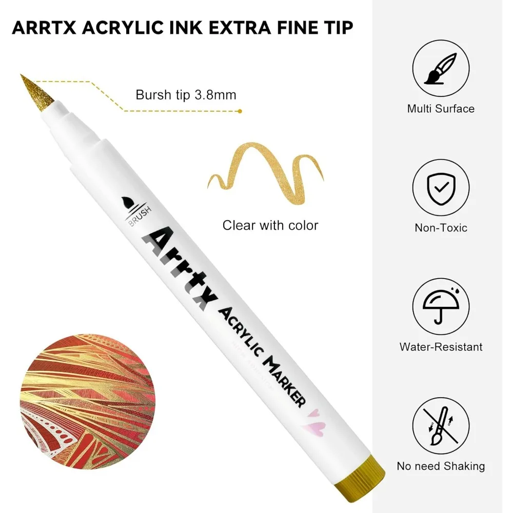 Arrtx Acrylic Paint Pens 10 Pack Extra Brush Tip White Paint Markers Metallic for Rock Wood Glass Canvas Ceramic Water Based Ink