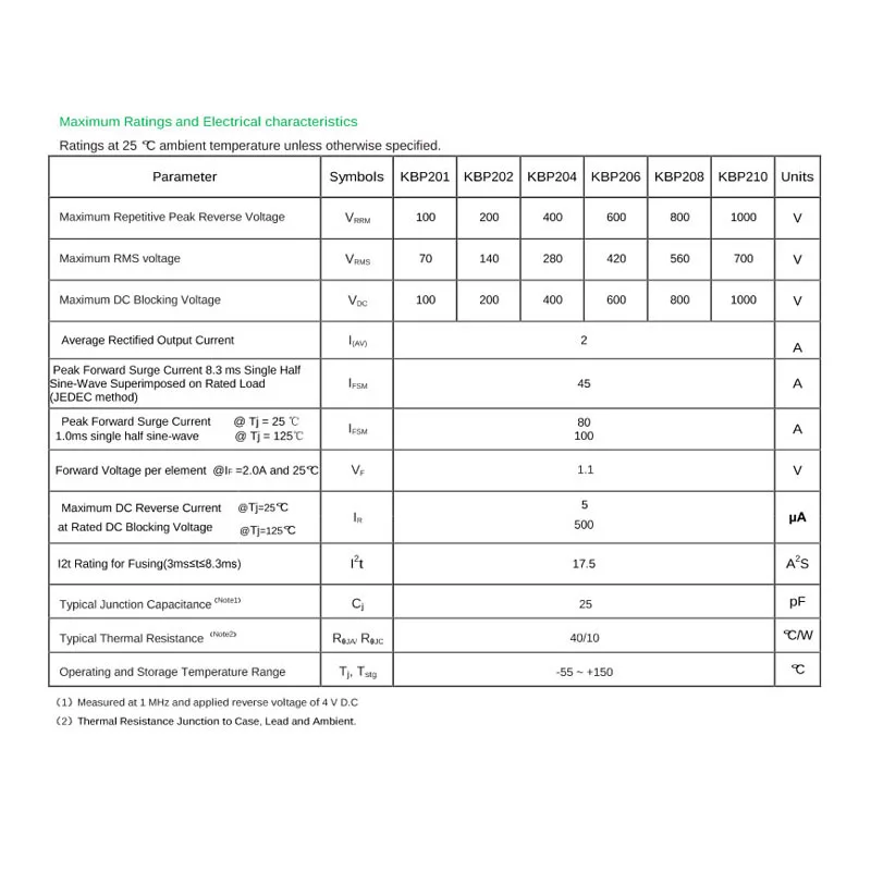 20~2000Pcs KBP210 KBP206 Bridge Rectifier 2A 1000V/600V KBP210G KBP206G Bridge Stack DIP-4 Flat Bridge