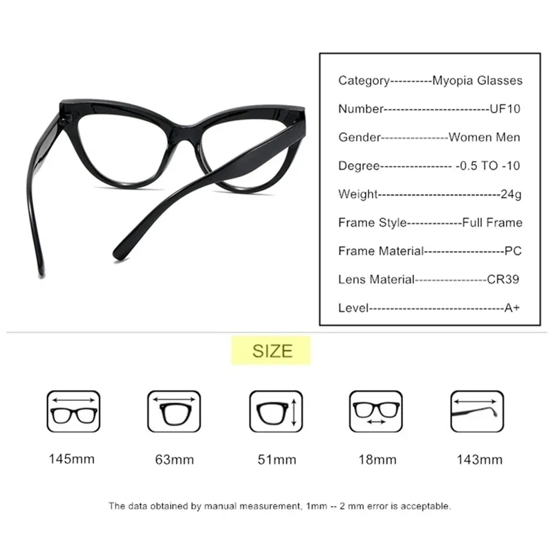 Prescription Glasses For Myopia -0.5 to -10 Male Female Cat Eye Frame Optic Spectacles Nearsighted And Astigmatism Custom UF10