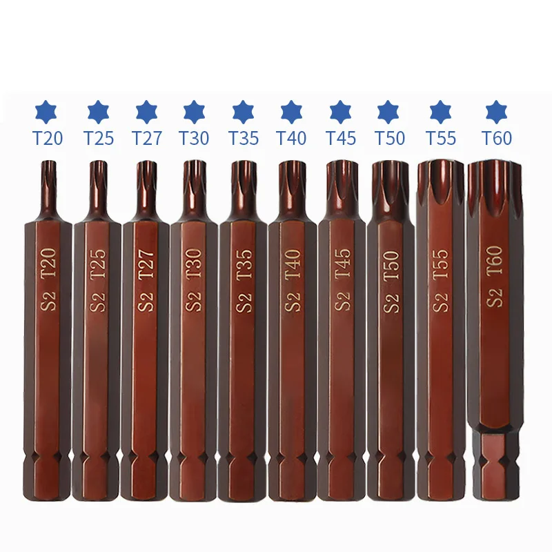 10pcs/set 80mm Star Torx Screwdriver Bit 10mm Hex Shank Impact T20 T25 T27 T30 T35 T40 T45 T50 T55 T60 Harden S2 Alloy Steel