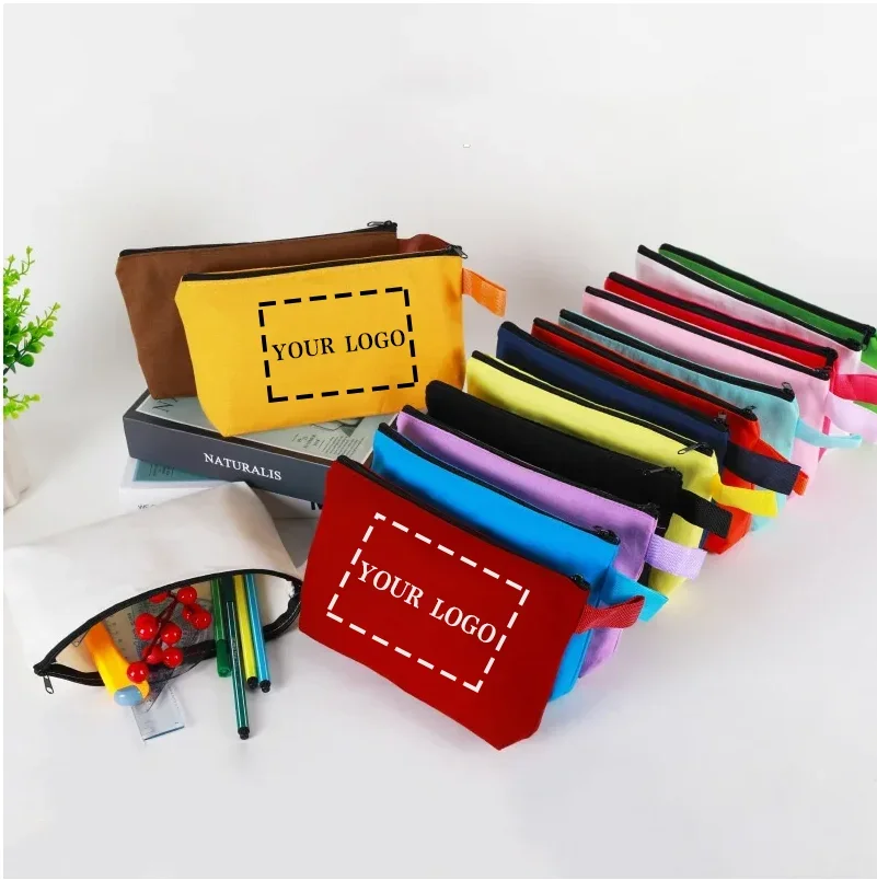 50pcs LOGO Customized Colored Canvas Pencil Case Hand-held Makeup Bag with Zipper DIY Organization Stationery Storage Bag