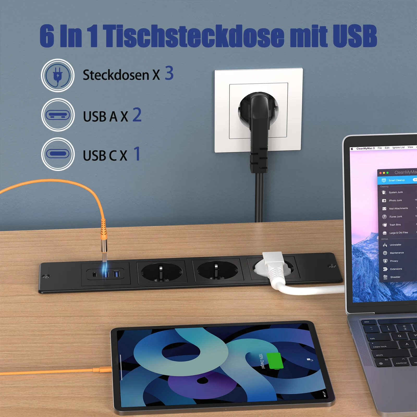 3-Way EU Table Recessed Socket Hidden Type with 2 USB A and 1 Type-C PD20W Fast Charge Multi Plug Desk Home Electric Outlets