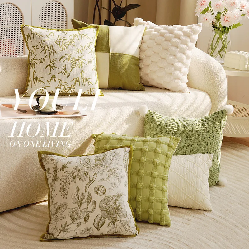Green and White Sofa Pillows Covers Set Plant Design Solid Color Textured Cushions Modern Minimalist Cozy Home Decor Accents