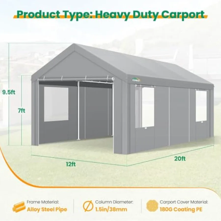 12x20 Feet Heavy Duty Carport with Galvanized Frame