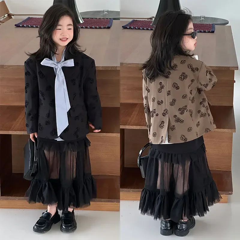Suit for Girls Autumn Casual Printed Blazer Jacket Mesh Skirt 2pcs School Uniform Kids Clothes Set 2-13 Years Children Costumes