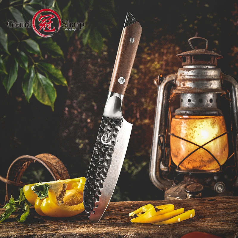 Grandsharp 5 Inch Santoku Knife Hammered Finish High Carbon Stainless Steel Blade Ebony Wood Handle Japanese Chef Kitchen Knife