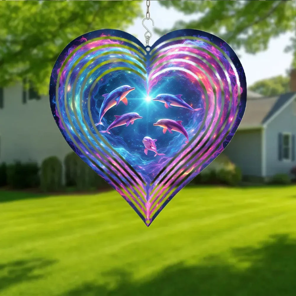 2D Flat, Single Piece Metal Wind Chime,Cosmic Dolphin Journey - Colorful Spinning Vortex with Joyful Dolphins And Starry Nebulas
