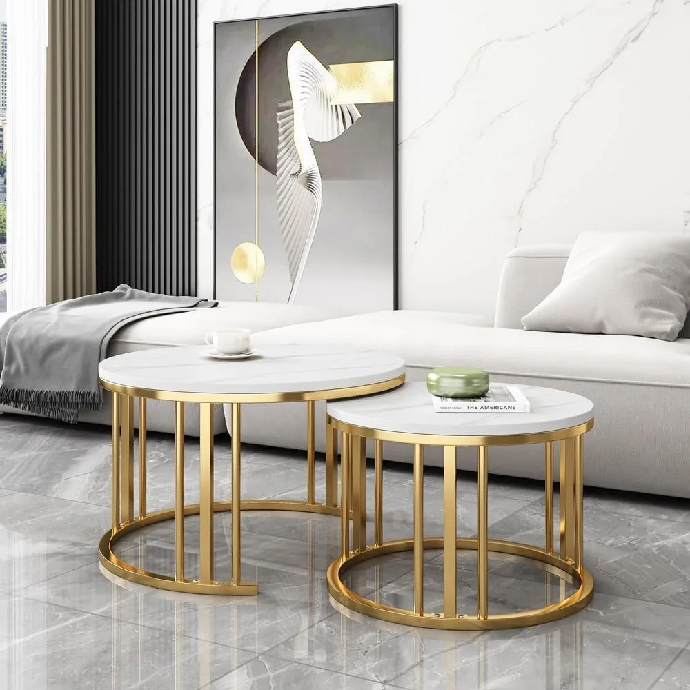 Round Nesting Coffee Table, Set of 2 Modern Coffee Table Faux Marble Top, Gold Metal Frame Nesting Table Living Room, Apartment