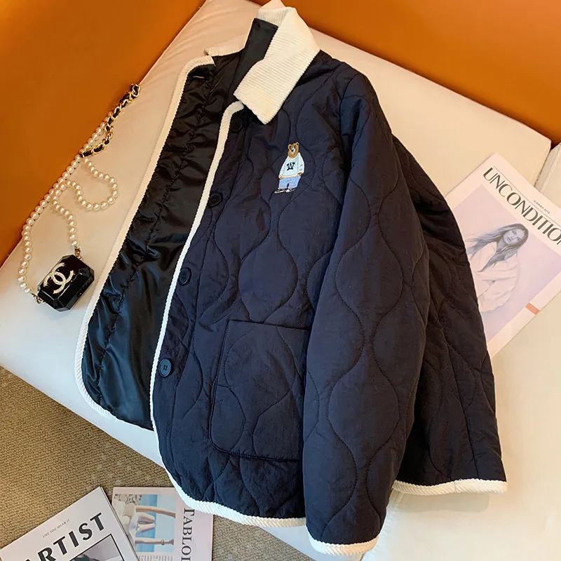 

Retro Japanese Sle Lazy School Cartoon Collar Oversize High Street Loose Cotton Jaet Men Women Winter Thiened Casual Coat