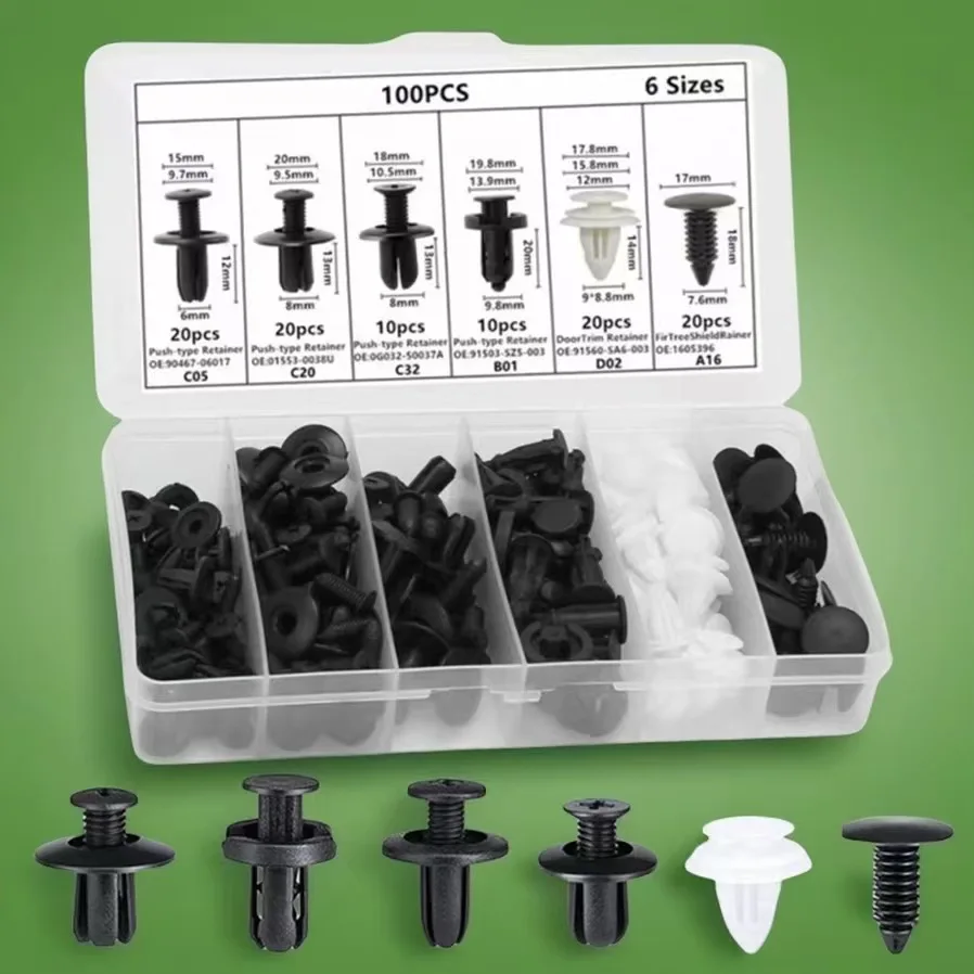 100PCS Car Universal Clips Boxed 6 Types Plastic Expansion Fasteners For Bumper Fender Replacement Rivets