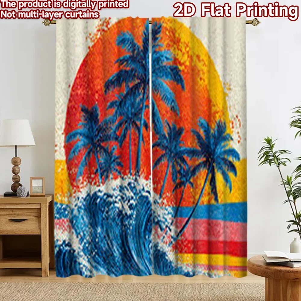 2D flat 2pcs Curtain Vintage drapes Curtains Tropical Sunset Palms Digitally printed polyester, colorfast Holiday Decorations