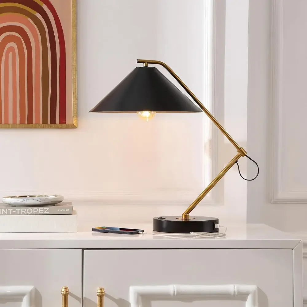 21-inch Black/Brass Table Lamp with USB Port and LED Bulb Included