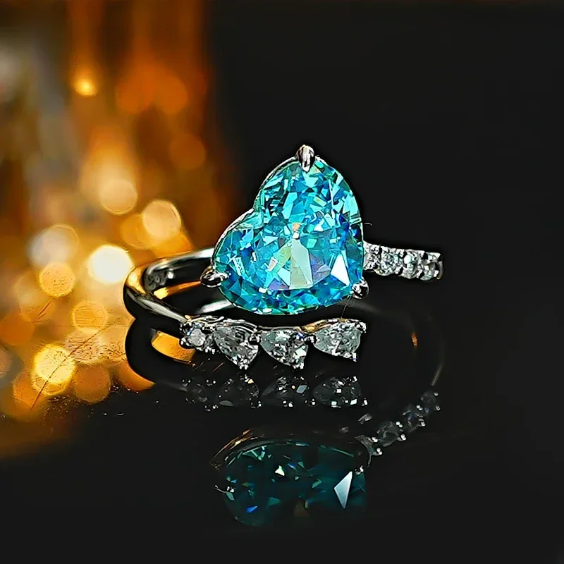 

Love Sea Blue Treasure 925 Silver Ring Set with High Carbon Diamond Crushed Ice Cut Topa Blue Droplet Wedding Jewelry
