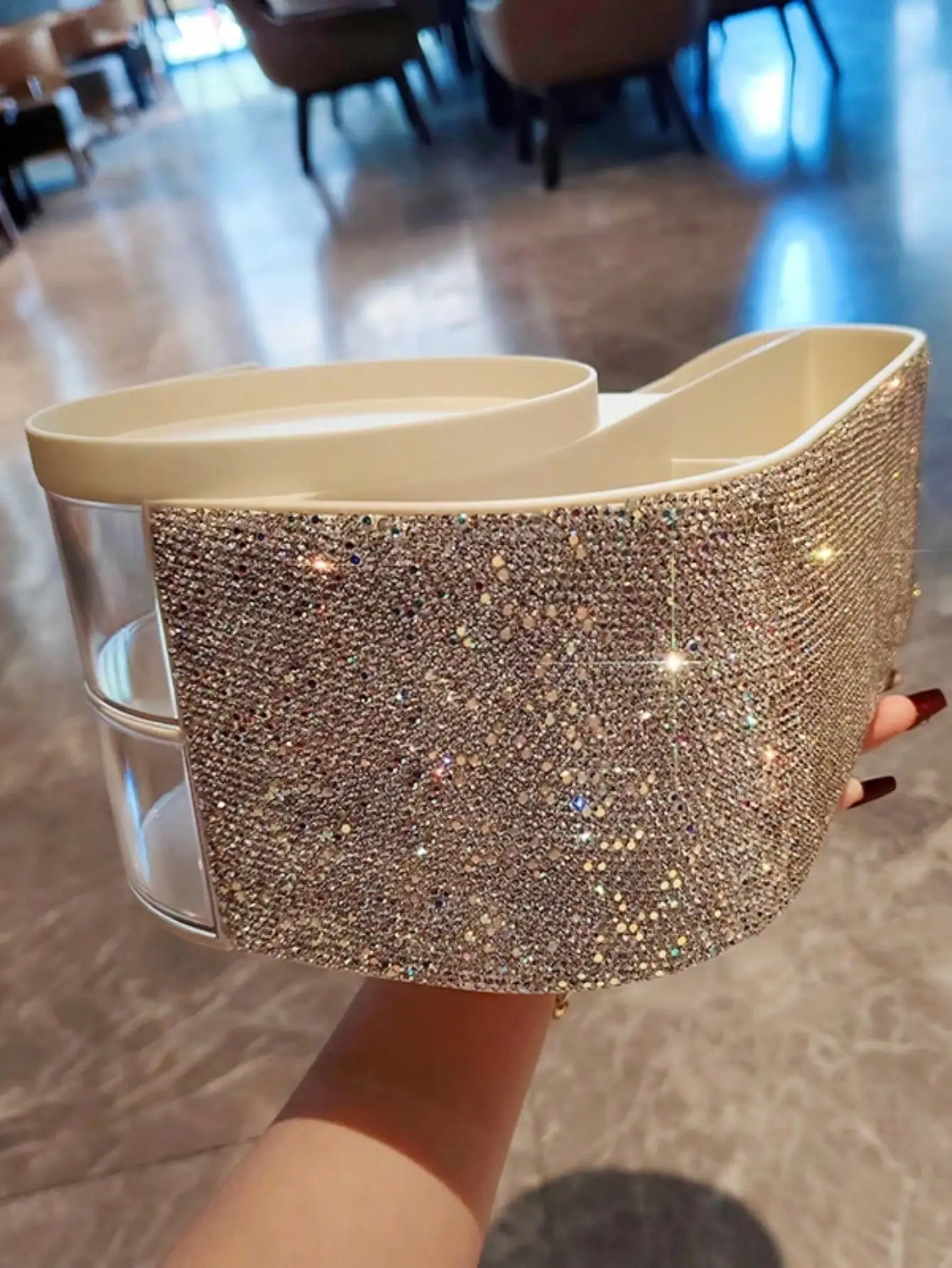 One artificial diamond-encrusted makeup brush and a drawer-style storage box for skin care products