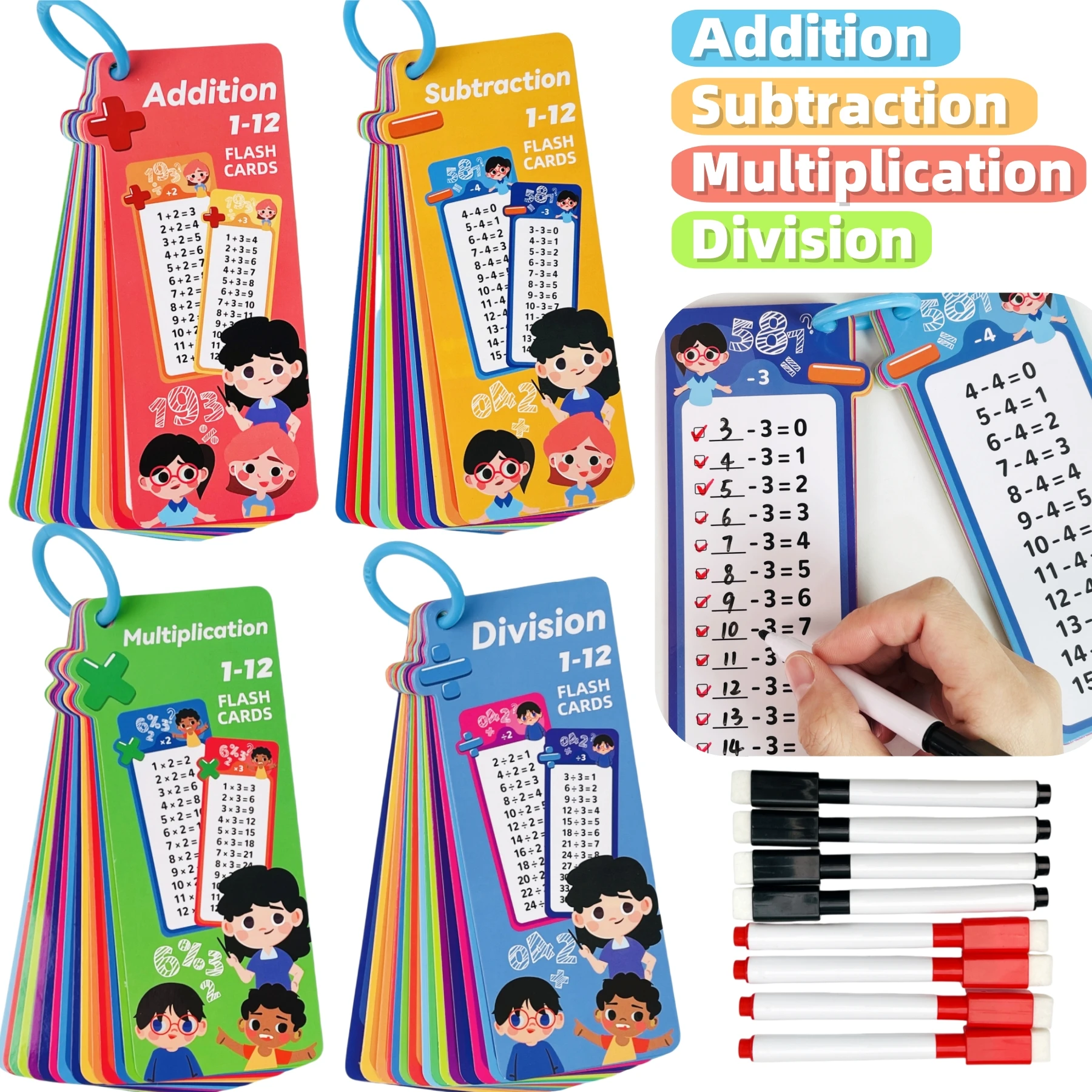 Reusable Arithmetic Cards, Teaching Tools for Addition, Subtraction, Multiplication, and Division from 0-12, Early Childhood Number Sense Enlightenment Set, Fun and Educational Interactive Activities Flash Cards for School Classrooms, Learning Basic Math Skills for Children