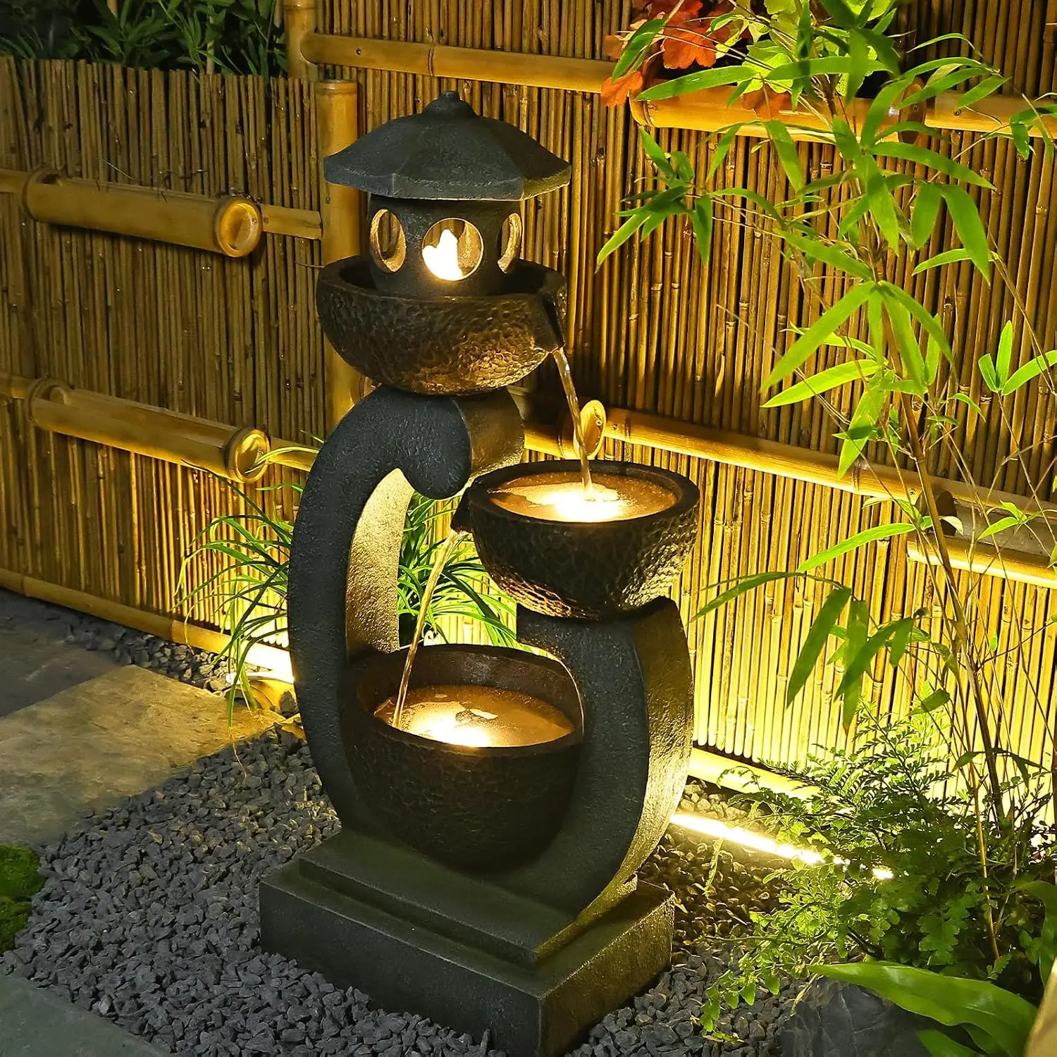 ^Outdoor Garden Water Fountain Modern Tranquil Zen Pagoda Waterfalls Fountains Bowl with LED Lights & Pump for Patio Yard Porch