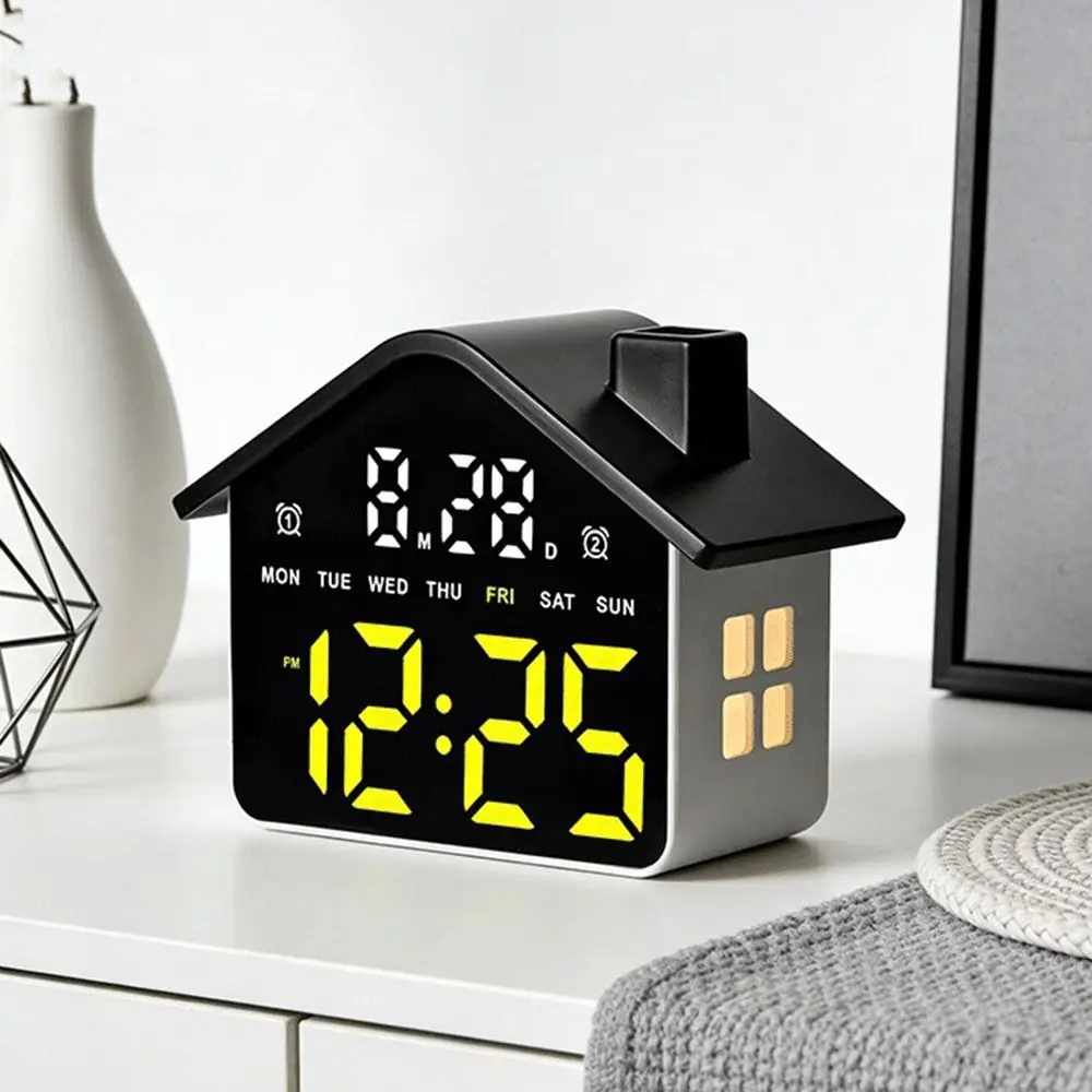 Night Light LED Alarm Clock House Shaped Creative Electronic Clock Date Week Display Brightness Adjustment Digital Table Clock