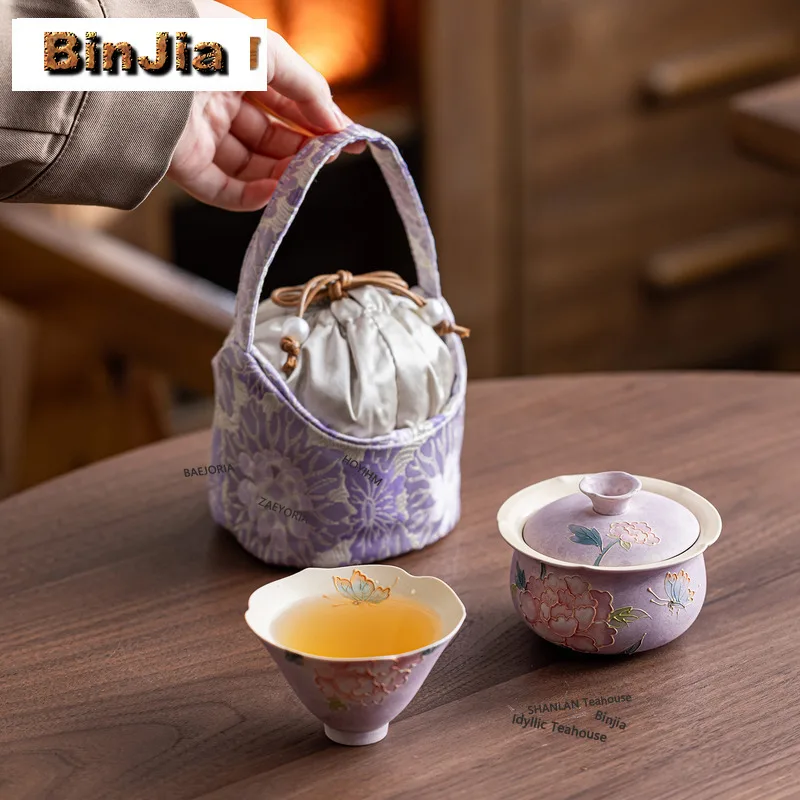 BAEJORIA Hand-painted Peony Travel Tea Set Kit Retro 1 Bowl 1 Cup Tea Maker Organizer Portable Camping Stock Bags Supplies Gifts