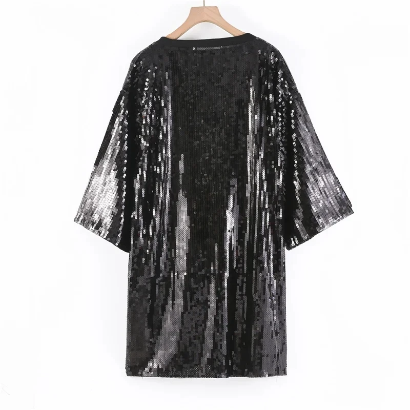 Summer New Sequins Short Sleeve Fashion Letter Women's Tops Streetwear Hip Hop Straight Round Neck Black Night Club T-Shirt