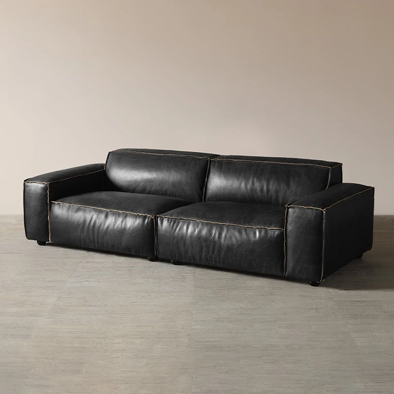 LTT retro style first layer cowhide straight row tofu block sofa wabi sandy wind oil wax leather sofa