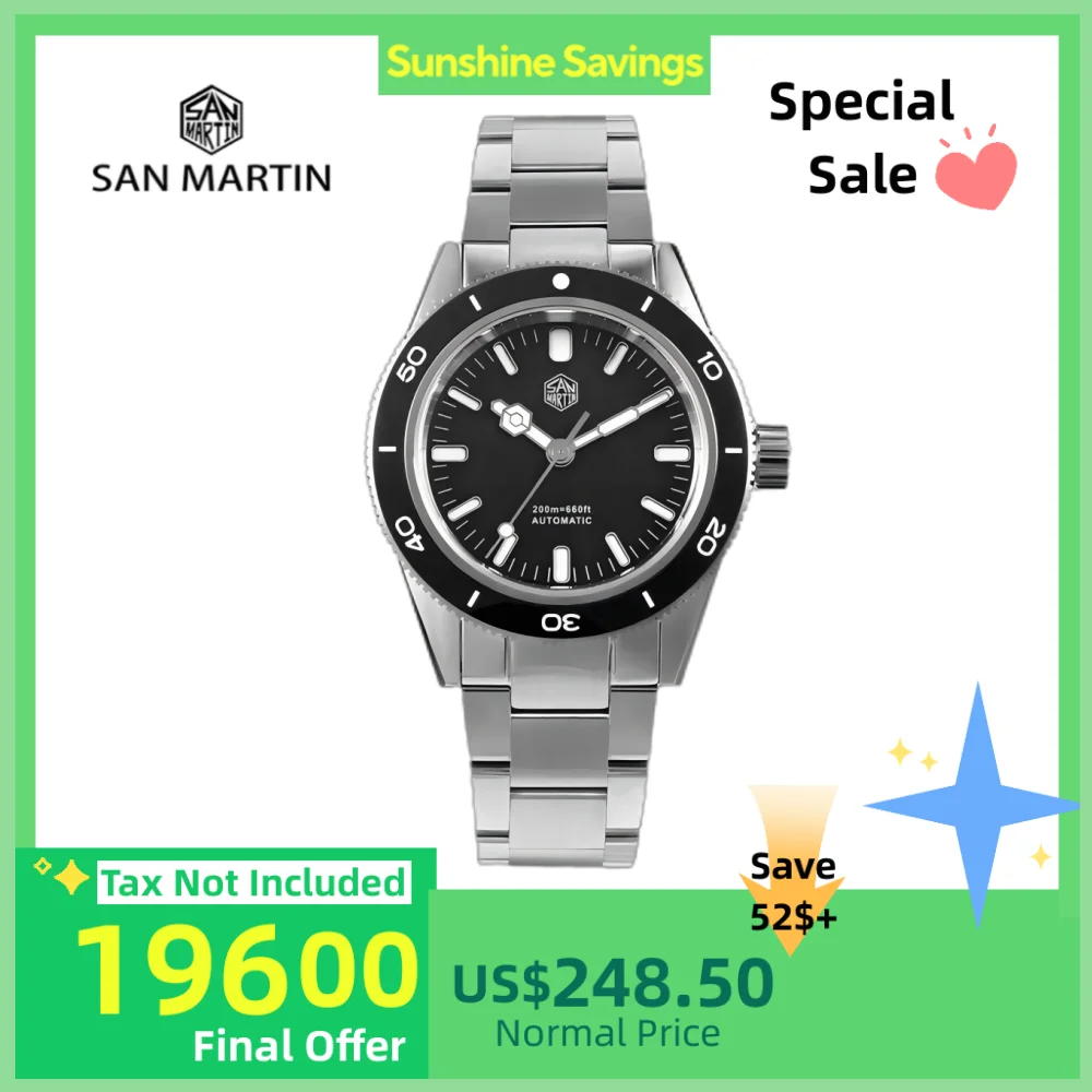 

San Martin 39.5mm NH35 YN55 Sandwich Dial Diving Watch Men Automatic Wristwatch 20Bar Sapphire BGW-9 C3 Lume Coating SN0051-1/2