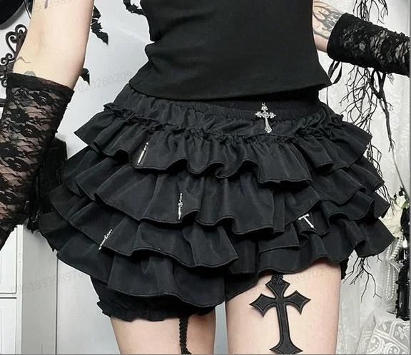 

Готические многослойные юбка-шорты с рюшами и крестообразным декором, сексуальные черные мини-шорты для девушек