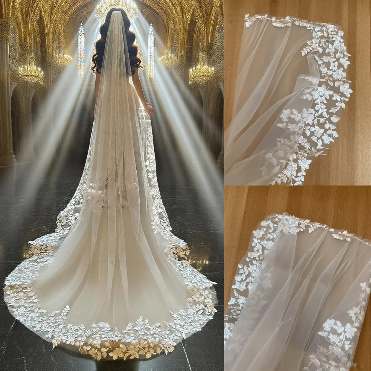 Charming Bridal Veils Luxurious Cathedral Long Voile Mariage Lace Wedding Veil Tulle With Comb Bride Accessories