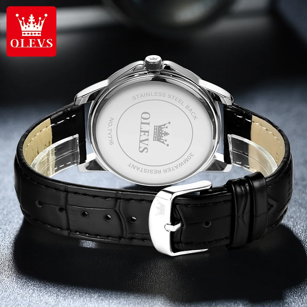 OLEVS TY716 남성용 캐주얼 패션 오리지널 쿼츠 시계 방수 야광 가죽 스트랩 날짜 표시 시계 (박스 포함)