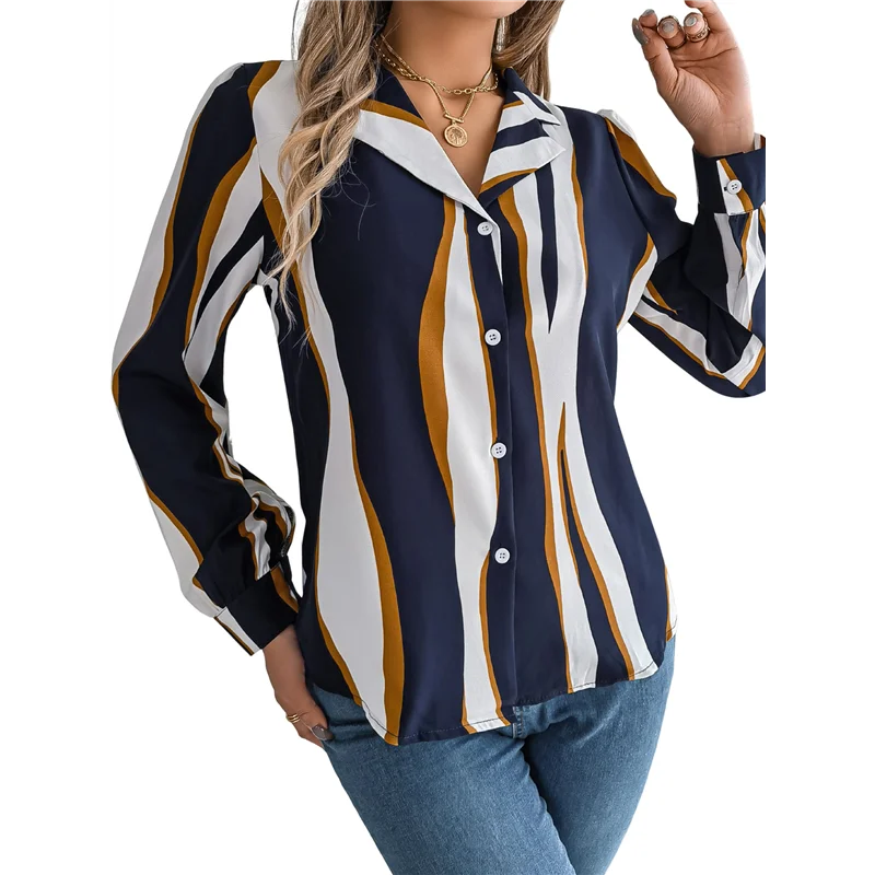 

ABRT-Women's 2025 Casual All-Match Contrast Color Striped Suit Collar Long-Sleeved Shirt Tops