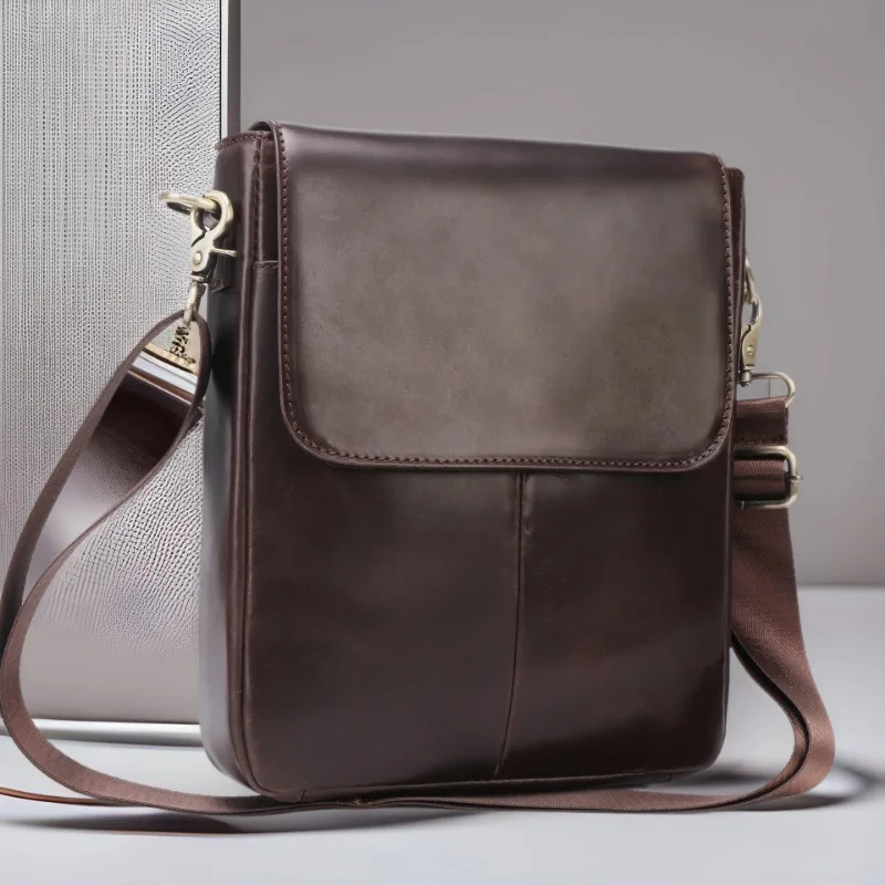 2025 Men's Professional Full-Grain Cowhide Vertical Messenger Bag Business Fashion Flap-Over Crossbody Bag