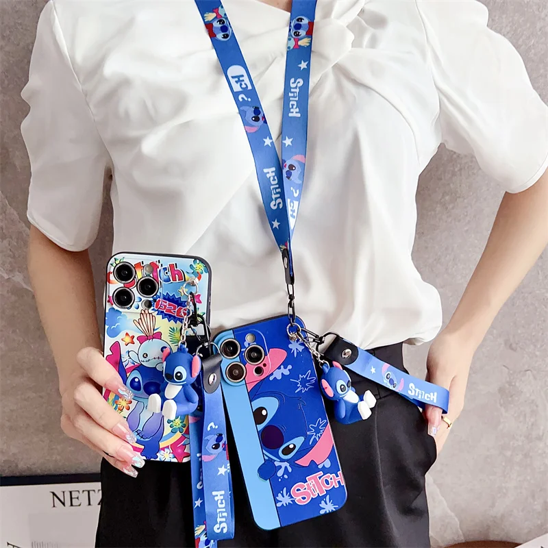 Disney Lustige Cartoon Nette Stich Engel Stretching Stand Lanyard Telefon Fall Für iPhone 12 11 13 14 15 Pro max X XR Weiche TPU Fällen