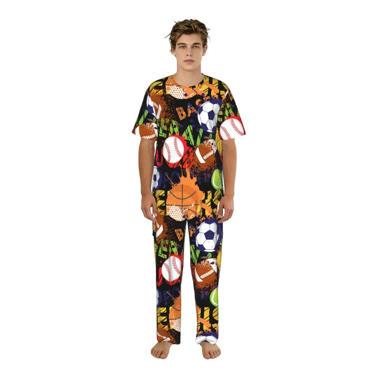 Men Pajamas Set Sport Balls Baseball Basketball Soccer Football Short Sleeve Spring Summer Lounge Sleepwear Male Nightwear