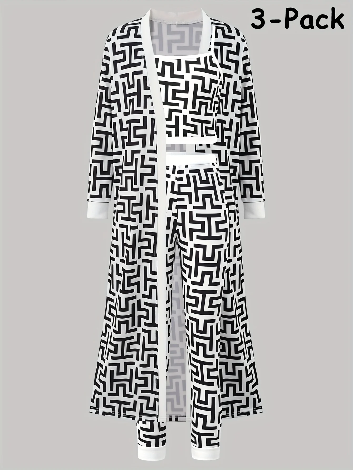 Girls' Fall/Winter Three-Piece Set: Geometric Pattern Knit Cardigan, Camisole, and Leggings Set for Girls
