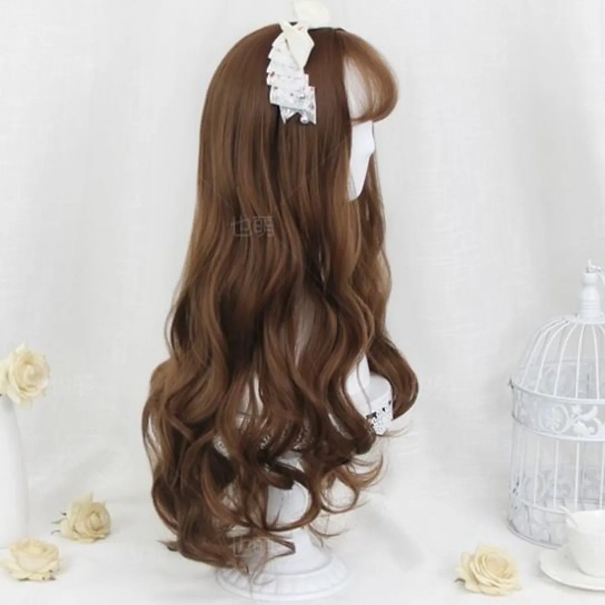 Peruca cosplay de menina macia Lolita branca |   Cabelo longo ondulado em fibra resistente ao calor fosca, conjunto completo de boné