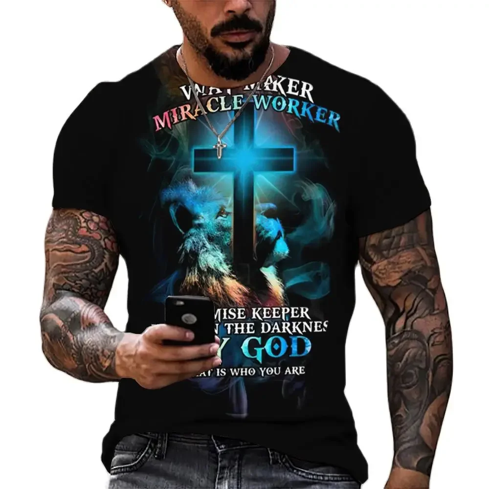 Cross Pattern Print T Shirt For Men Fashion Short Sleeve Tops Christianity Jesus Anniversary Tees Leisure O-neck Loose Pullover