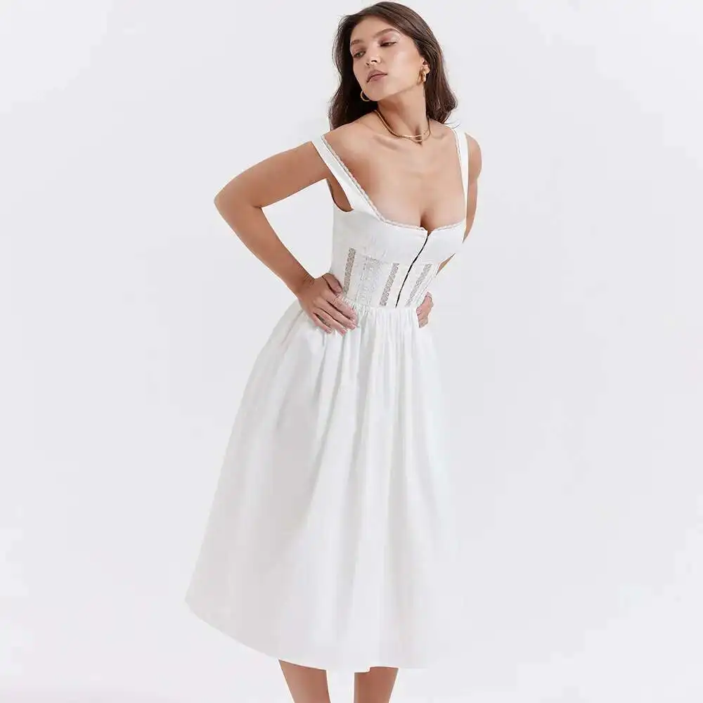 Vestido Midi de encaje inspirado en bohemio para mujer, ajustado, con tirantes y cuello cuadrado, novedad de verano, blanco, Sexy, para fiesta, BabYoung