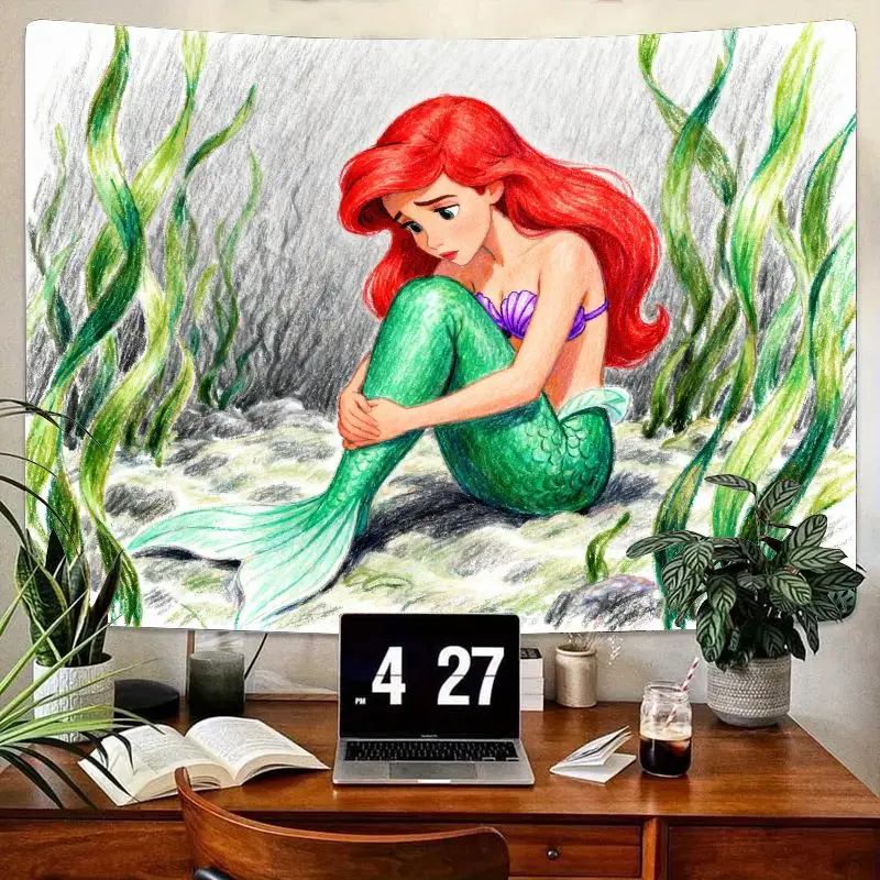 

1 шт., гобелен с изображением Русалочки Диснея, кавайный эскиз, современный полиэстер, настенное искусство, декор для спальни, гостиной, подарок для девочек