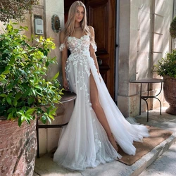 Vestido De novia bohemio con escote corazón para mujer, vestido De novia largo hasta el suelo con abertura lateral, flores 3D, 2022