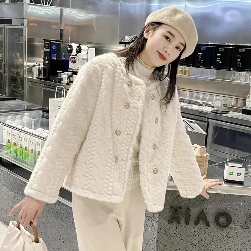 Autumn Winter 2024 New Imitation Mink Fur Coat Women\'s Short Jacket Plus Cotton Padded Outerwear Round Neck Mao Mao Woolen Coat