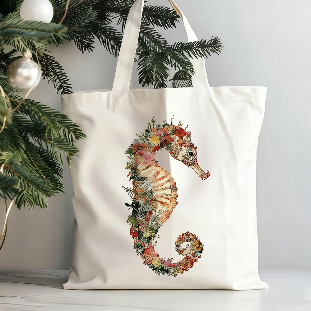1pc Women'S Marine-Themed 'Floral Seahorse Art' Tote Bag - Large Rectangular Durable Canvas Shoulder Bag with Seahorse And Sea P