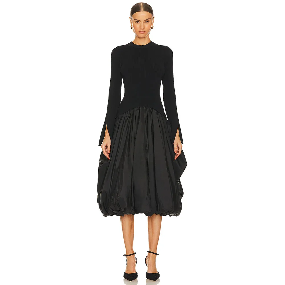 

Modern Evening Dress Balck A Line Women's Prom Gown Long Sleeves Ball Gown Formal Party Dress Tea Length Saudi Dress