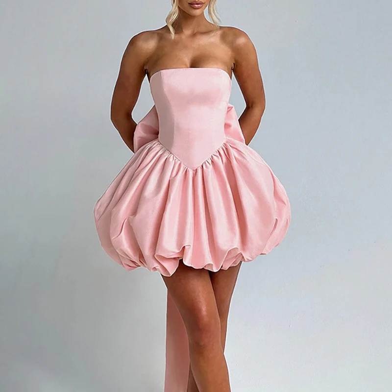 Elegant Backless Bow Slim Party Dress Fashion High Waist Sleeveless Solid Mini Dress Lady Sexy Strapless Pleat Prom A-Line Dress