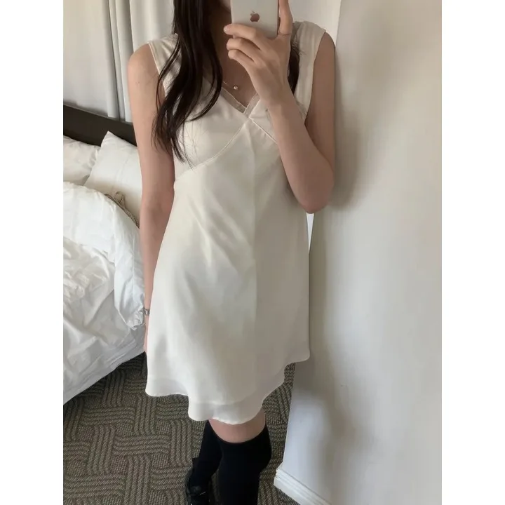 Elegant Lace Splice V-Neck Sleeveless Chiffon Dress Casual High Waist Other Material100% Other Style Summer Chinese Production