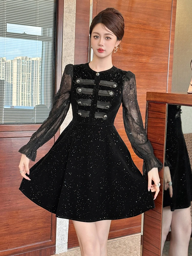 

Black Fake 2-Piece Shiny Retro Velvet Dress Women Clothes Lace Long Sleeve Short Dresses Elegant Lady Party Birthday Vestido New